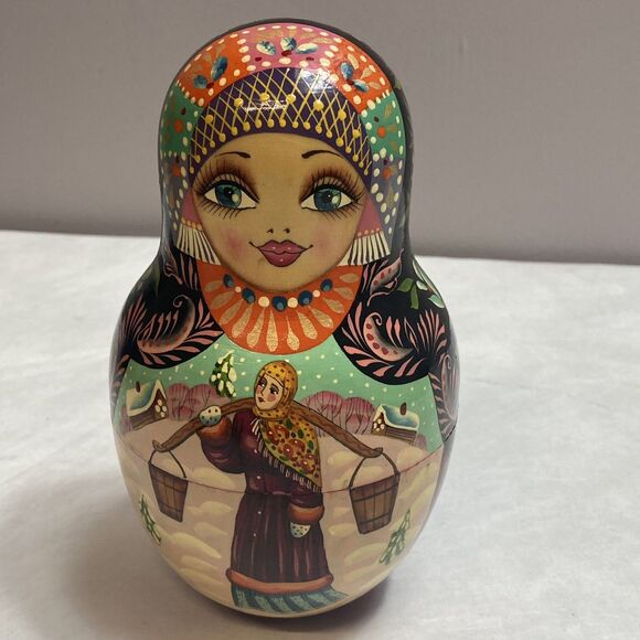 Vintage Winter Russian Hand Painted Matryoshka 10 Piece Nesting Doll 7” - Picture 10 of 13